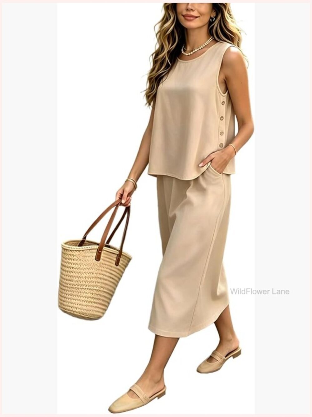 Two Piece Pajama Set Sleeveless Top Maxi Skirt Pockets
